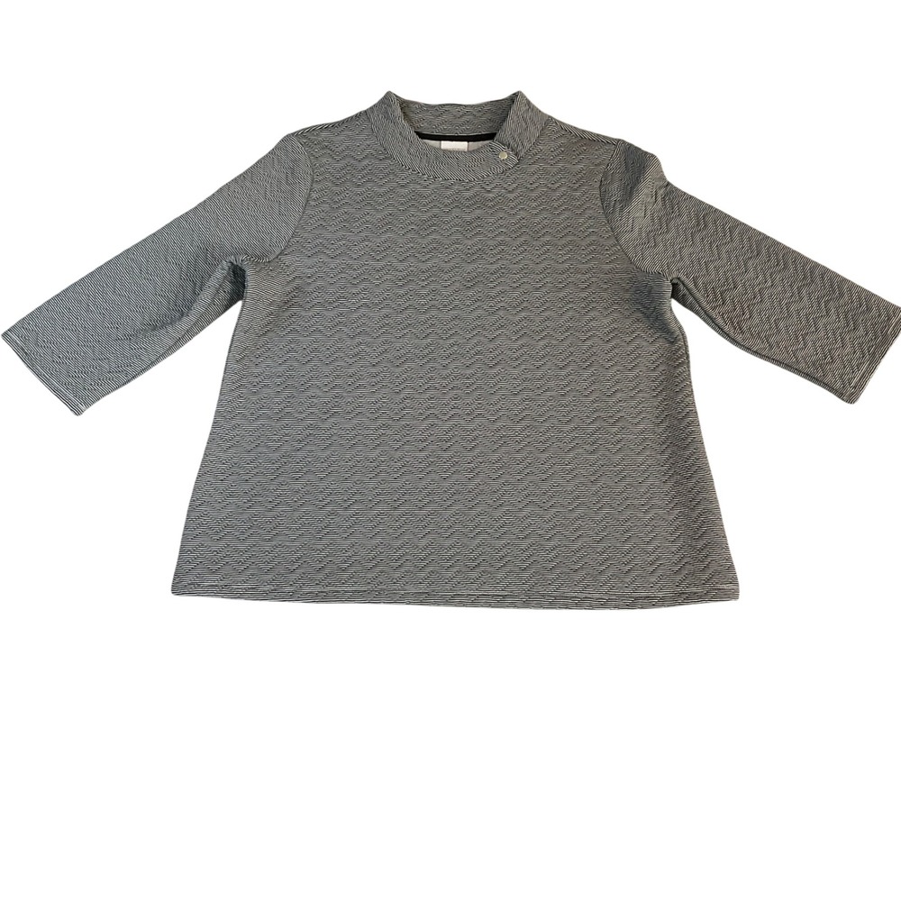 Weekends by Chico's Knit Top Womens L/XL Gray Striped Quilted Mock Neck 3/4 Slv